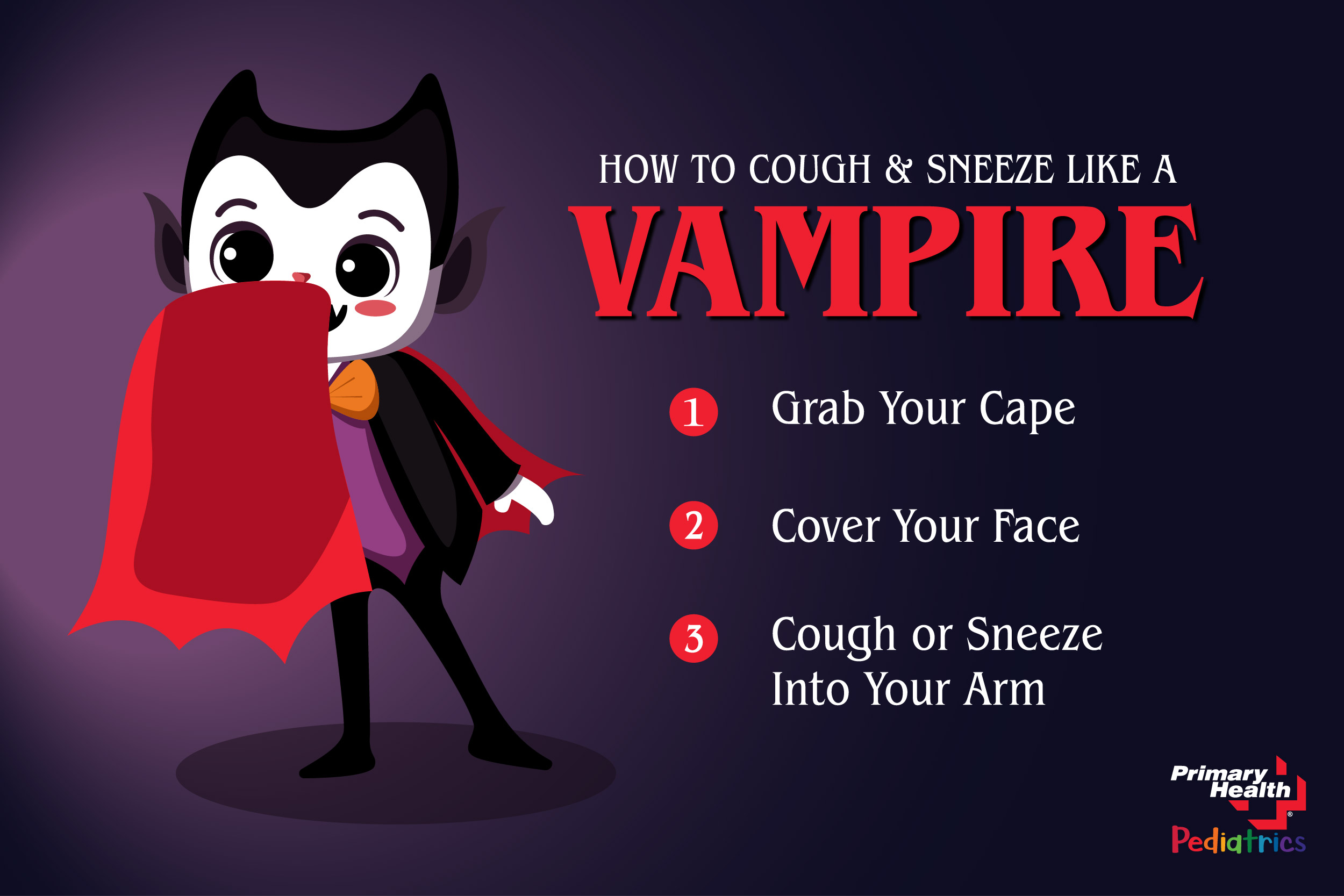 Graphic of a vampire showing how to cover coughs and sneezes